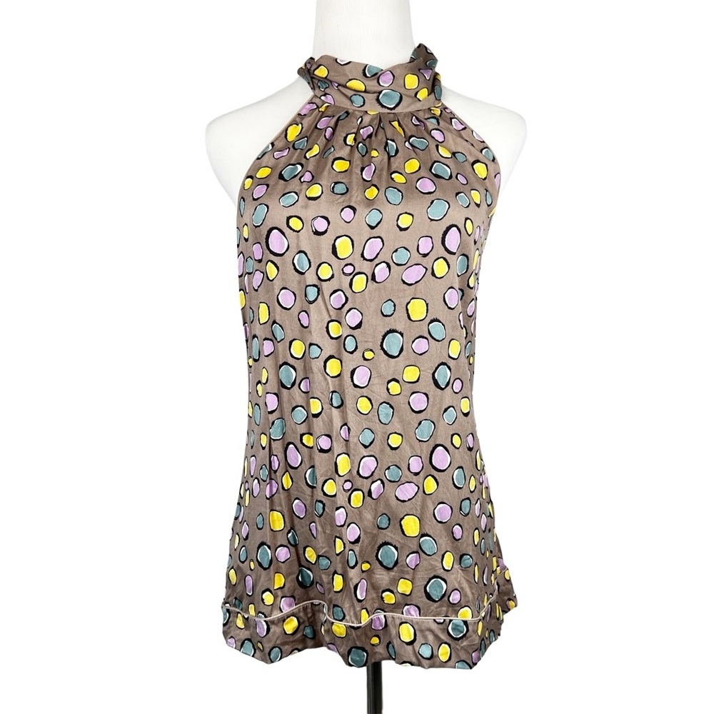 BCBGMAXAZRIA Gray Silk Halter Top with Colorful Dots